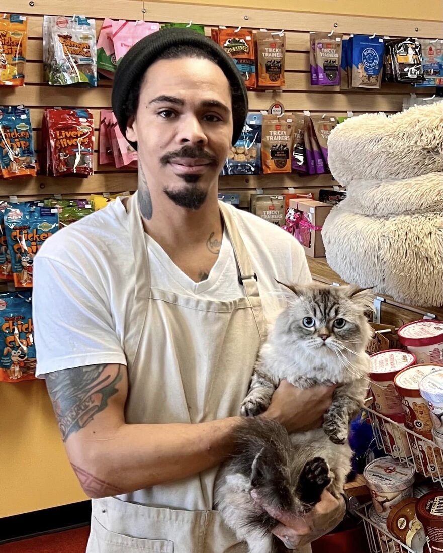 Bone-a-Fido staff member holding a fluffy cat in front of the treat wall